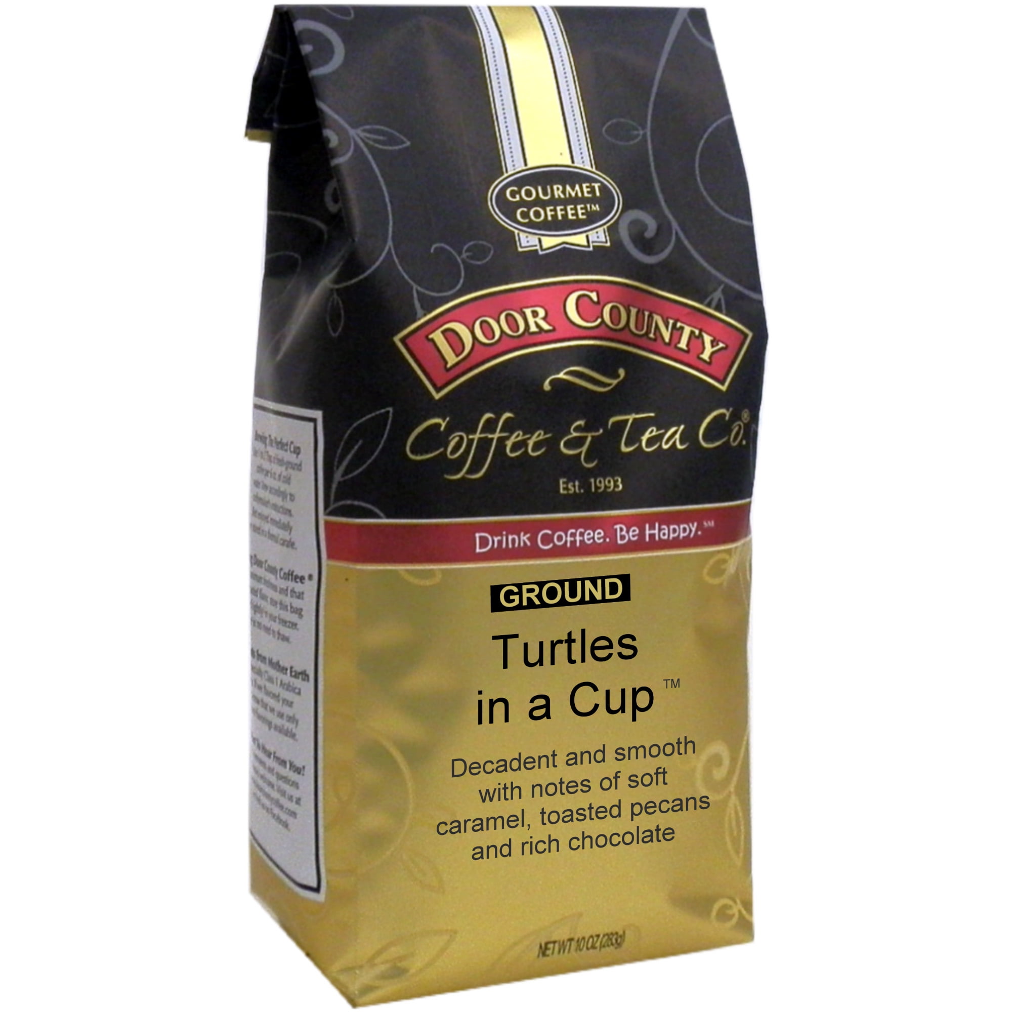 Door Cty Coffee Turtles in a Cup, Chocolate, Caramel & Nut Flavored Specialty Arabica Coffee, Medium Roast, Ground, 10oz Bag