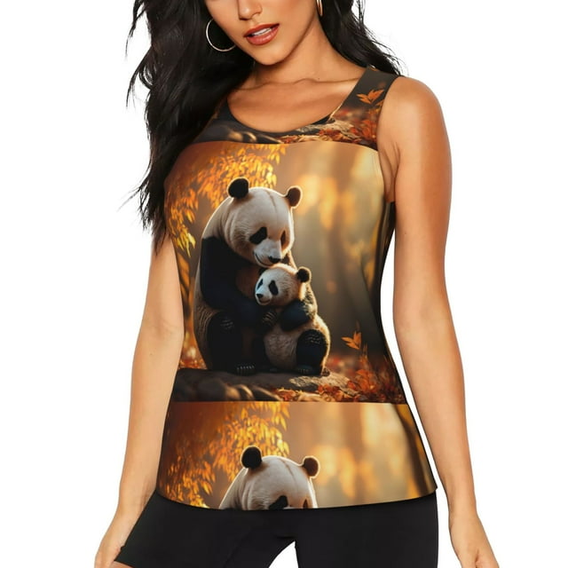 Easygdp Érable Forêt Panda pour Femmes Débardeur d'Entraînement, Haut de Course, Chandail de Randonnée, Séchage Rapide pour la Course, Yoga, Randonnée-Petit