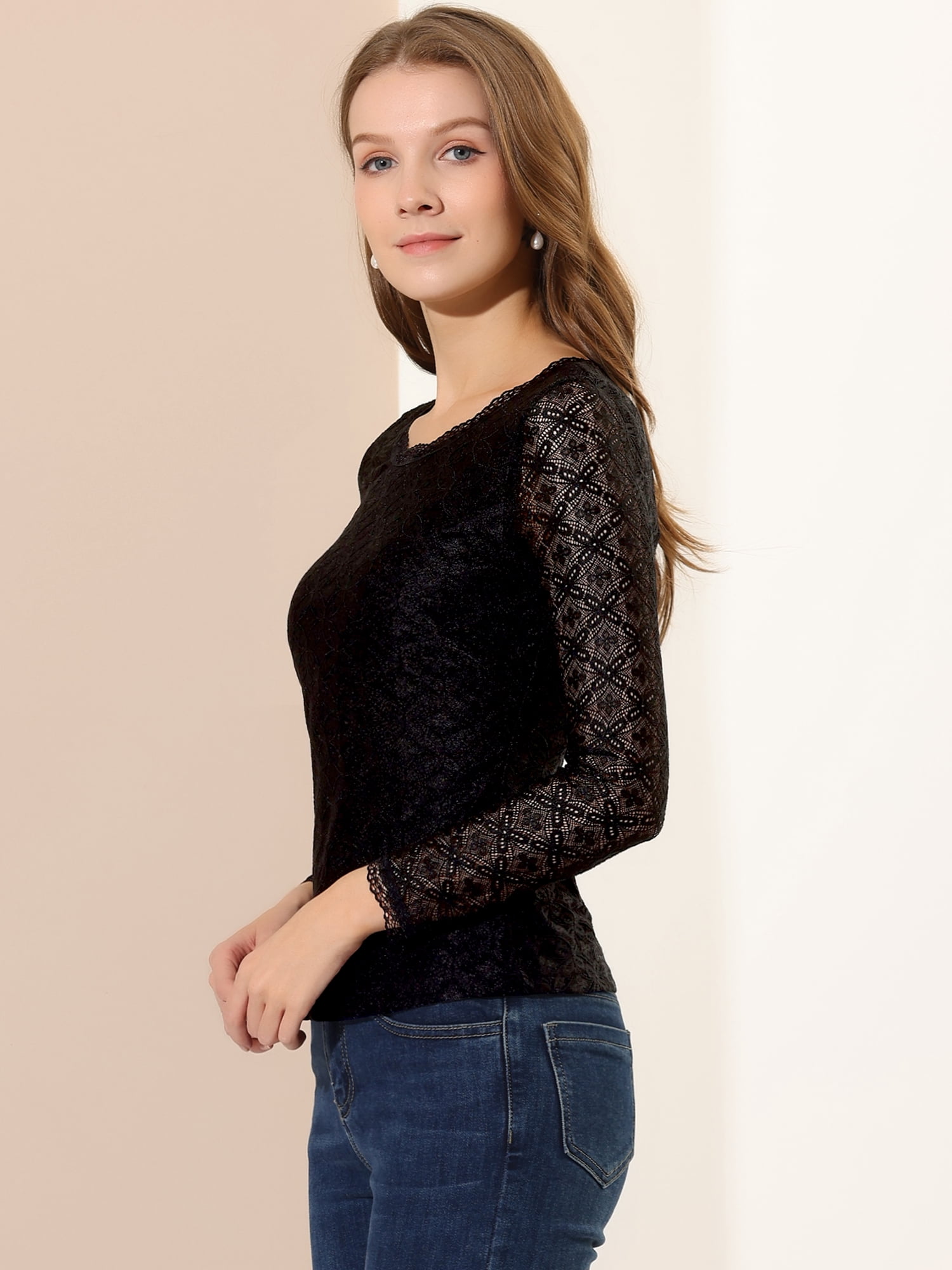 DARING DIVA Sheers Flower Embroidery Lace Top S Black