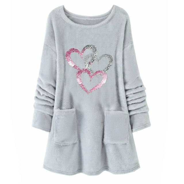 Enjoytime Vêtements d'Hiver pour Femmes Imprimé Mignon Col Rond Manches Longues Chandail Mode Décontracté Ample Chandail à Enfiler Hauts Gris m