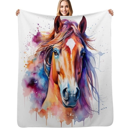 Colorful Horse Watercolor Art Flannel Blanket Warm Soft Bedding Throws Winter Camping Chair Sofa Bed