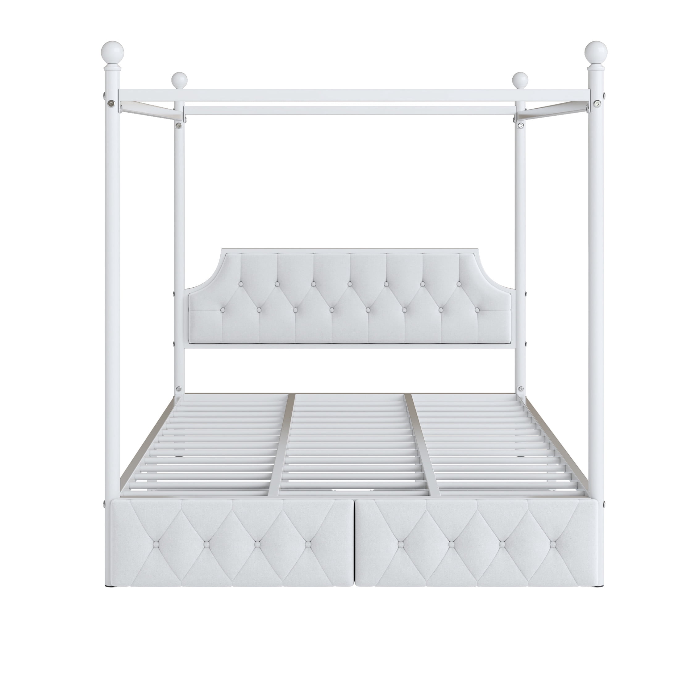 Noble House Carmen Queen Metal Canopy Bed, Platform Frame with Velvet Headboard and Storage Drawers, White