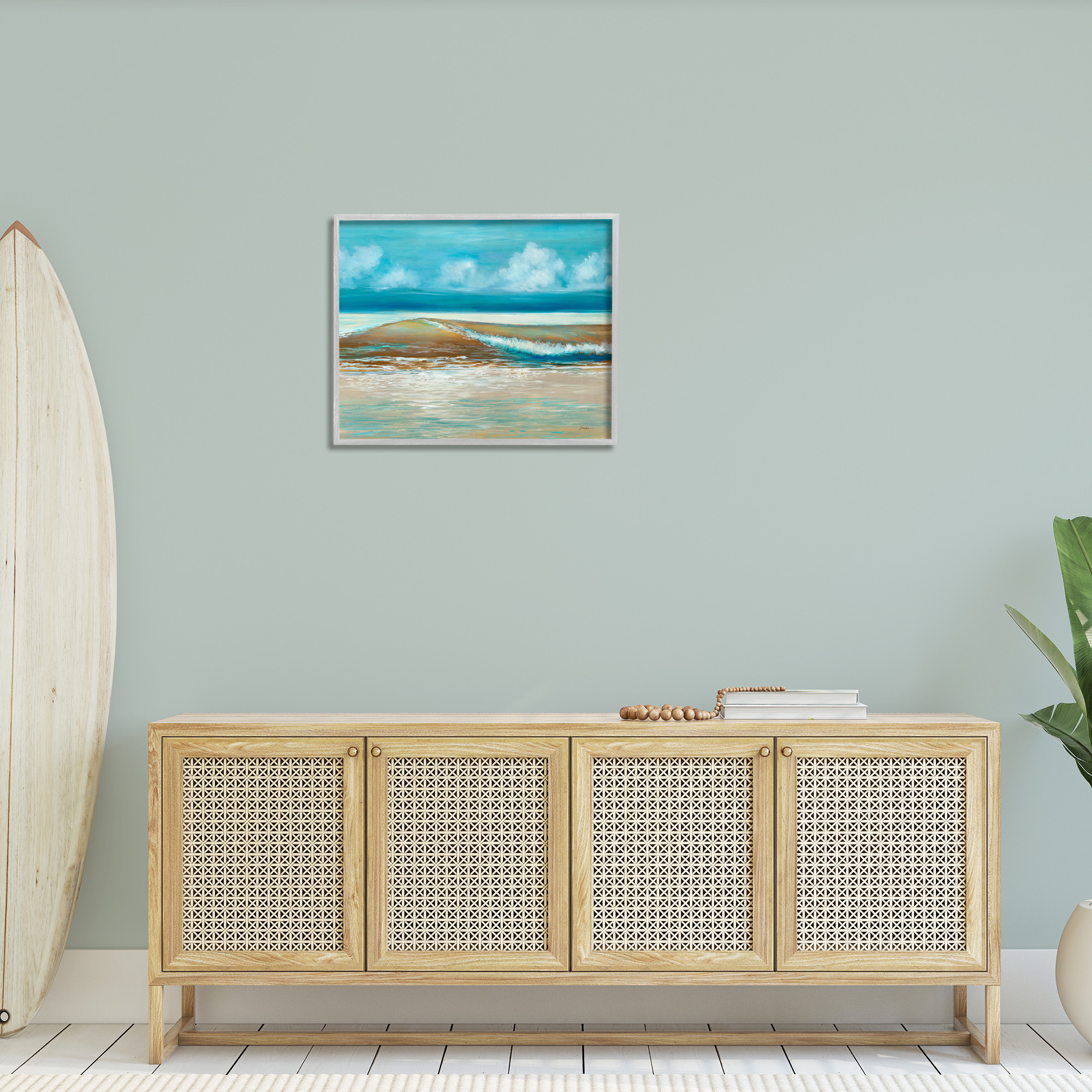 Stupell Industries Modern Rolling Sea Waves Landscape Painting Gray Framed Art Print Wall Art, 30 x 24