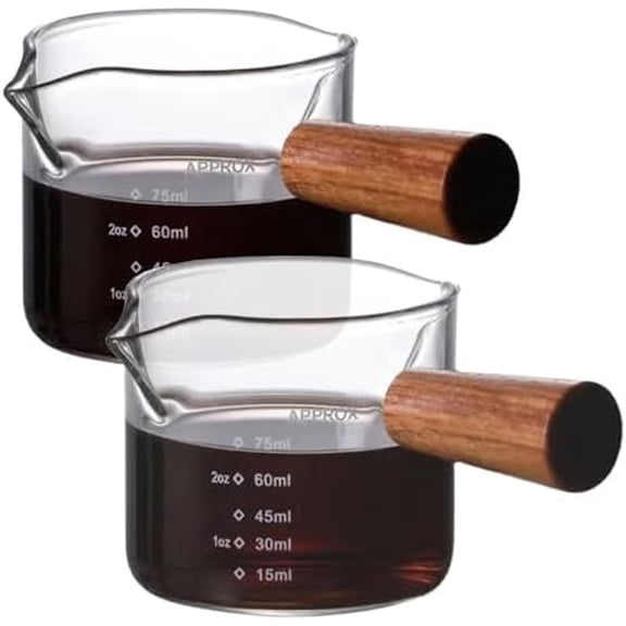 2 Pack Espresso Shot Glass With Wooden Handle, Accessories with Double Spouts Espresso Machine Accessories Coffee Bar Essentials Precise 75 Ml Coffee Measuring Cup$$Home Decor, Kitchen, & Other