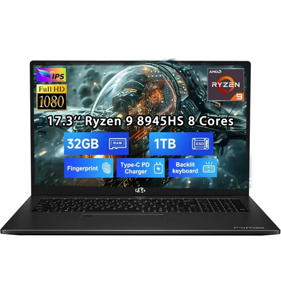 17.3 New Gaming Laptop Ryzen 9 8945HS ( Up to 5.2GHz) 32GB RAM, 1TB SSD, Radeon 780M, PD 100W Type-C AI-Enhanced for Copilot VR Ready, Backlit Keyboard, Fingerprint, 75W Battery