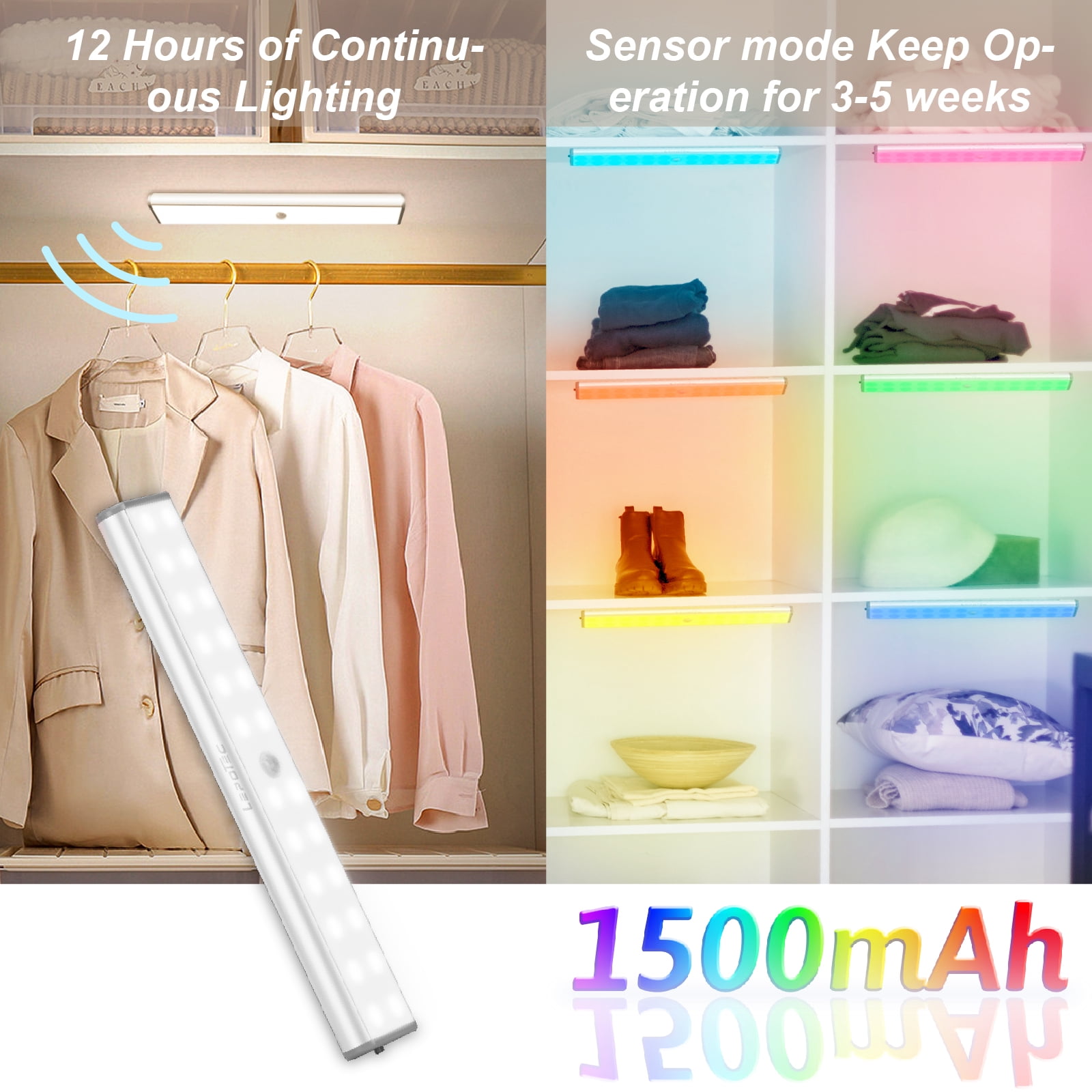 Lepotec 9.88Inch Wireless RGB Motion Sensor Cabinet Light: 300lm Brightness, 8 Vibrant Colors for Customized Closet and Under Cabinet Illumination