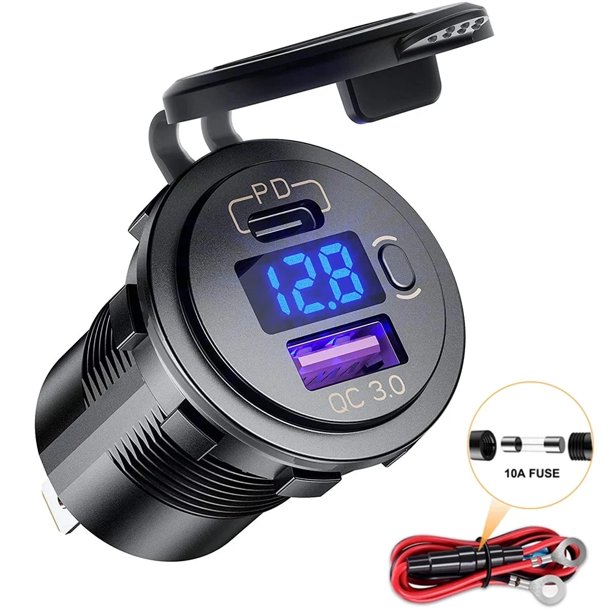 Cargador USB 60W Para Auto Con Interruptor Y Voltímetro - Tipo C Y USB-A, Carga Rápida PD Para 12V/24V En Carro, Camión, Moto, RV