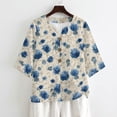 thumbnail image 4 of Xoenoiee Blue Hydrangea Flower Print 3/4 Sleeve Cotton Linen Shirts for Women Summer Retro Boho Tops Button Down Loose Casual Blouses Dressy Loose Fit, Size XL, 4 of 7