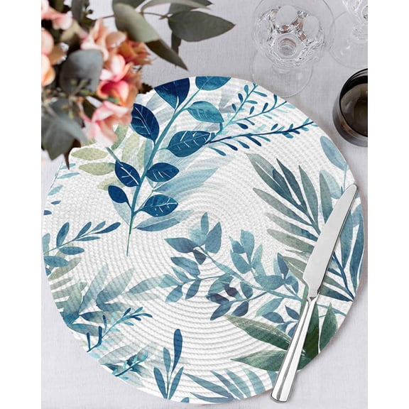 13 Inch Round Placemats Set of 4, Navy Blue Leaves Non Slip Heat Insulation PP Table Mats, Summer Botanical Farmhouse Watercolor Leaf Washable Place Mats for Kitchen Dining Party Table Decor