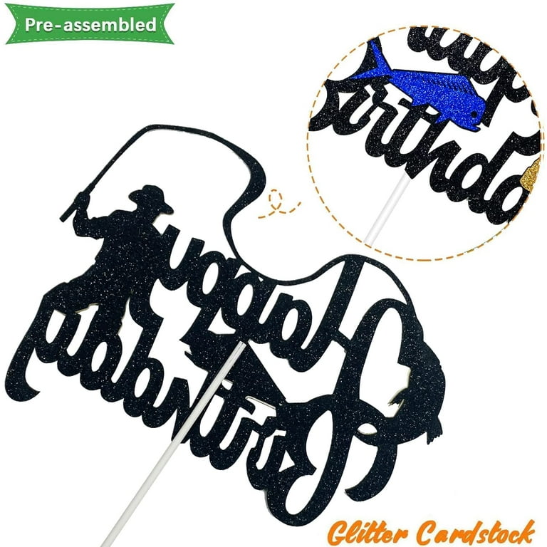 HAKPUOTR Fishing Birthday Cake HP29 Topper - Fish Cake Topper - Black  Glitter Fishing Happy Birthday Cake Topper for Men/Boys/Fisherman - Fishing  Themed Party Decorations Supplies 