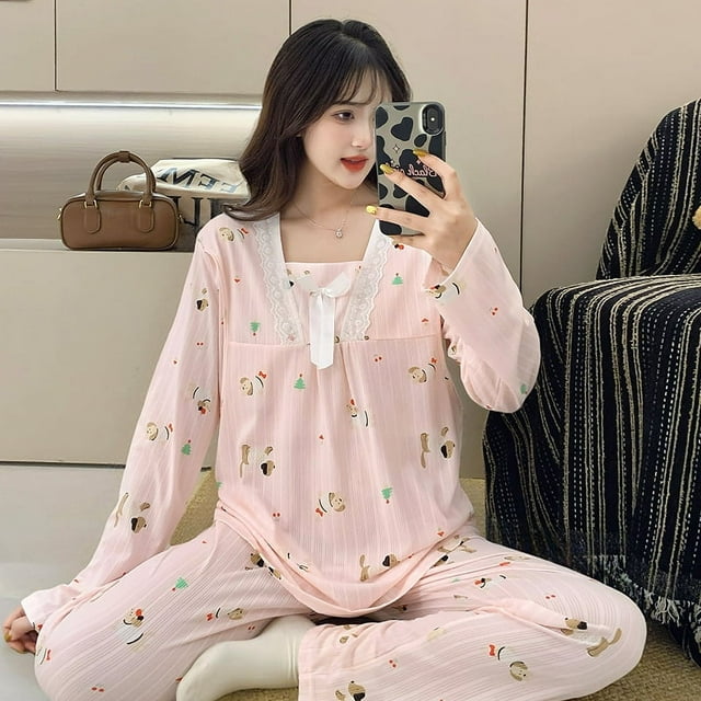 Maternity Nursing Pajama Set with Easy Access Nursing Cotton Polyester Contrast Print