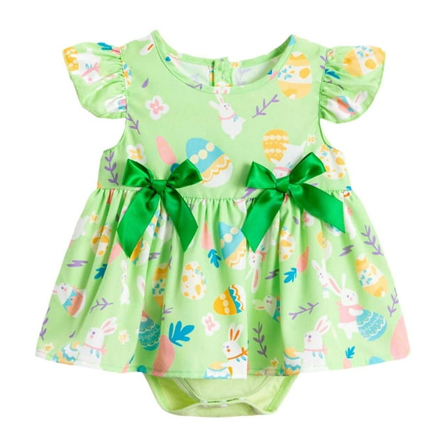 GDREDA Girls' Jumpsuits & Rompers Spring Rompers for Girl 2025 New Spring/Summer Easter Baby Romper Dress Full Print With Bowknots Fresh Style Flutter Sleeve Princess Dress Green,12-18 Months