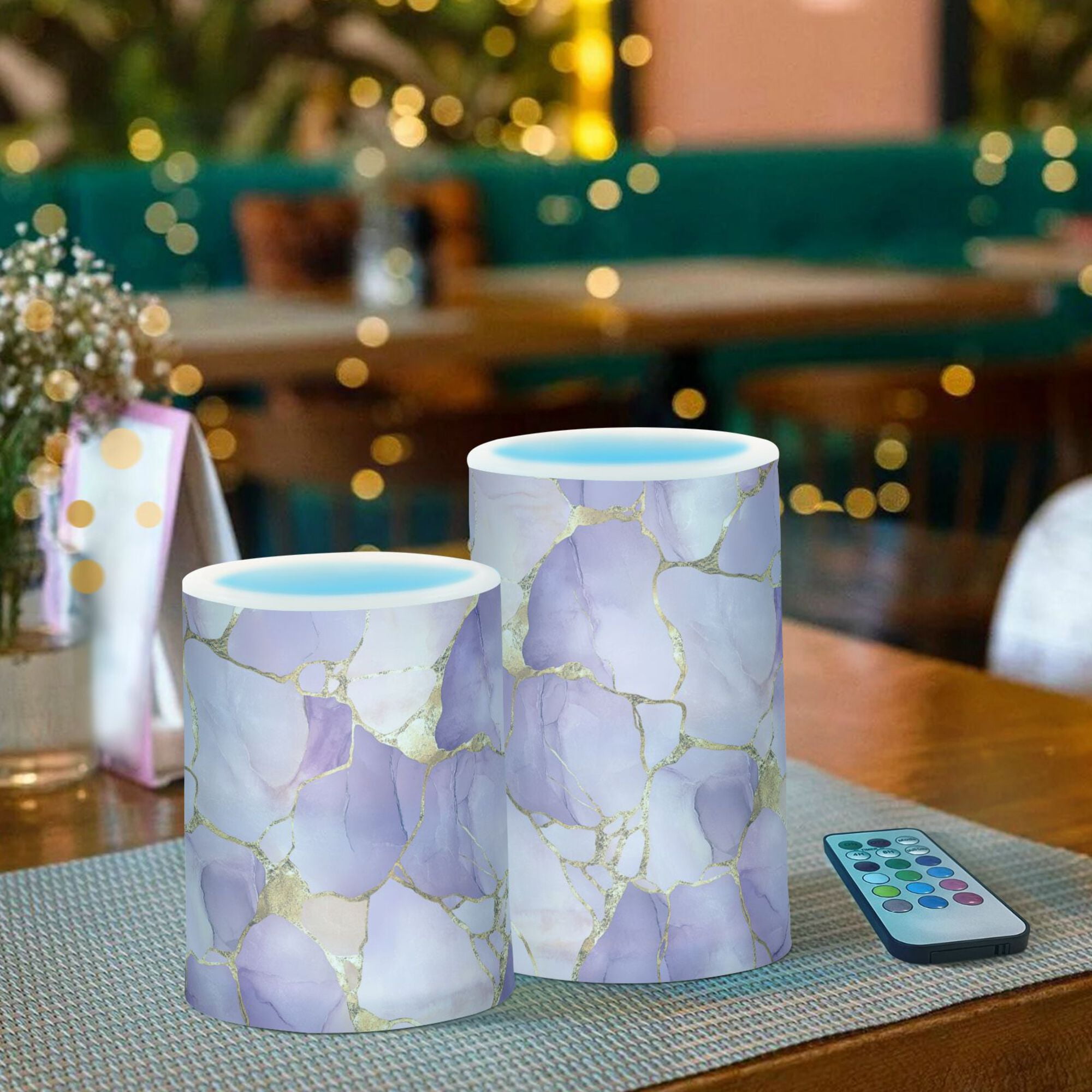 Yayeee Flameless Candles with Remote Flickering Battery Operated Multi Color Changing, Pastel Purple Marble Pattern