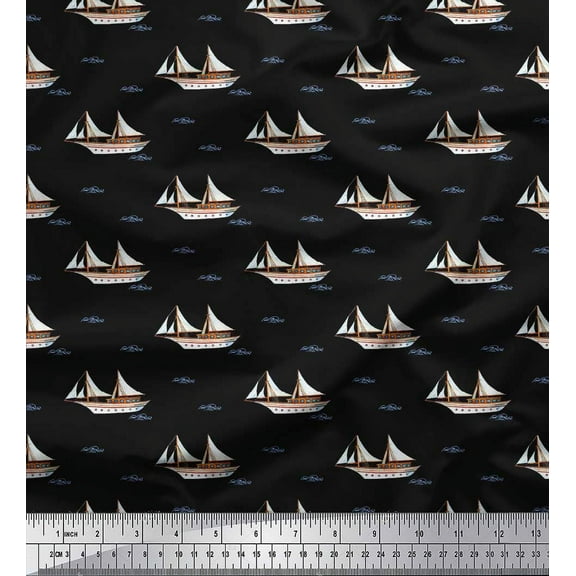 Soimoi Black Cotton Voile Fabric Waves & Ship Nautical Fabric Prints By Yard 42 Inch Wide
