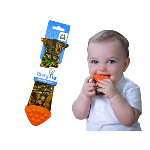 #1 Baby Boy Gift Baby Bib and Toy TASTYTIE Baby Teething Tie which is Very stimulating for Babies and Helps with Sensory While Playing with it with Crinkle Sound Machine Washable camo