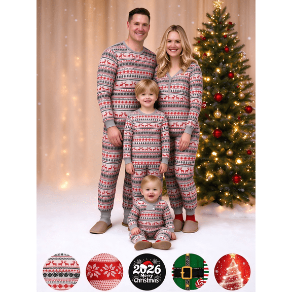 KICILVS Matching Christmas Pjs for Family Deer Snowflake Print Pajama Set Long Sleeve Round Neck Tops and Pants Holiday Family Sleepwear