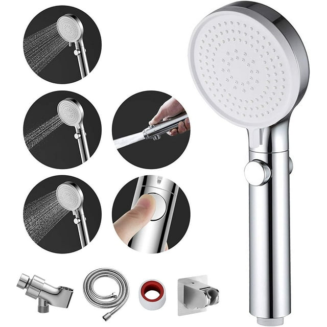Pommeau de Douche AIR-RV avec Tuyau et Interrupteur Marche/arrêt, 3 Réglages Haute Pression, Pommeau de Douche Amovible avec Tuyau, Support d'Angle Réglable, Baguette Basse, Chrome