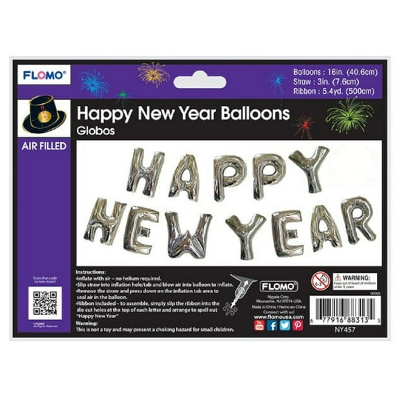 Happy New Year Balloons Silver 16 Inches Long