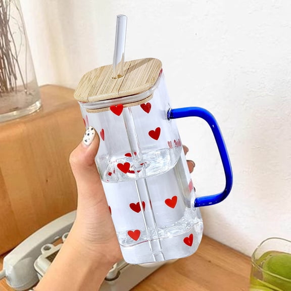 Glass Mug with Lid and Straw Iced Coffee Cup with Handle Square Drinking Glasses Tumbler Cups for Smoothie Juice,12 OZ(B)