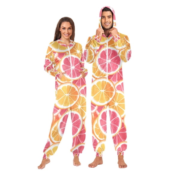 FORMRS Onesies Pajama for Adults Unisex Hoodie Winter Jumpsuit One Piece Sleepwear, Sizes S-2XL, Pink Grapefruit Slices