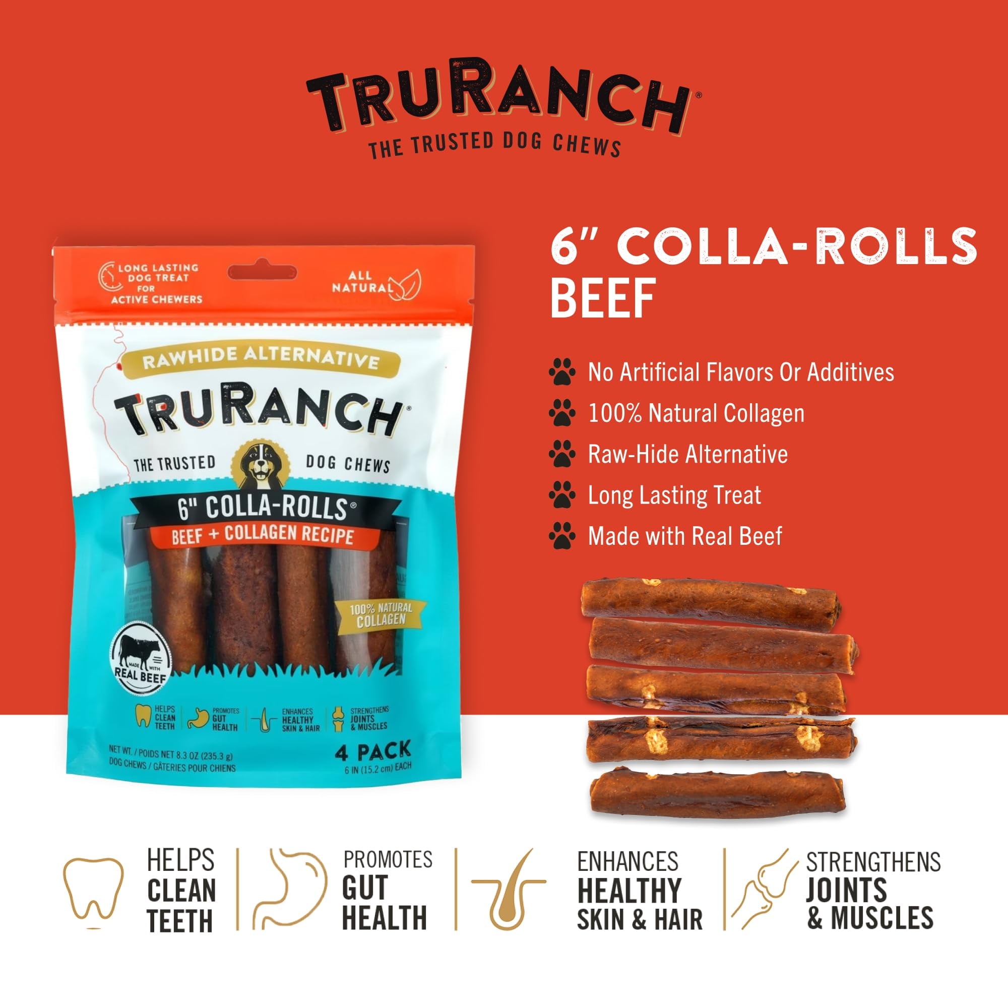 (5 pack) TRURANCH Collagen Rolls - 6" Collagen Rolls for Dogs - Long Lasting Healthy Joint Support Dog Treat - Rawhide Alternative - Skin & Coat Health - Made with Real Beef, 1 Bag, 4 Count