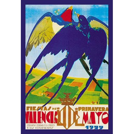 Valencia Festival poster by J Canet Cabellon(Spanish  b 1887 - 1951 )  Two birds likely swifts fly together with some flowers on a twig in the mouth of one Poster Print by J Canet Cabellon
