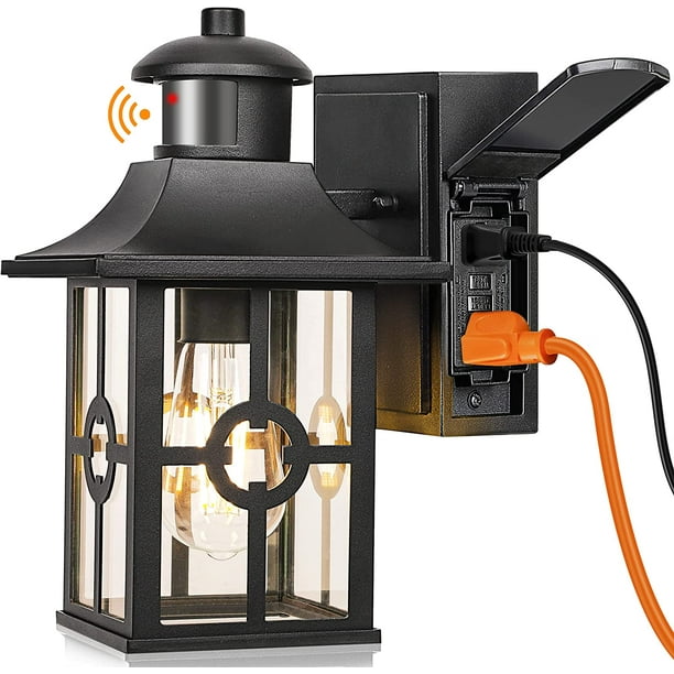 Outdoor Motion Sensor Porch Light with 2 GFCI Outlets, Dusk to Dawn