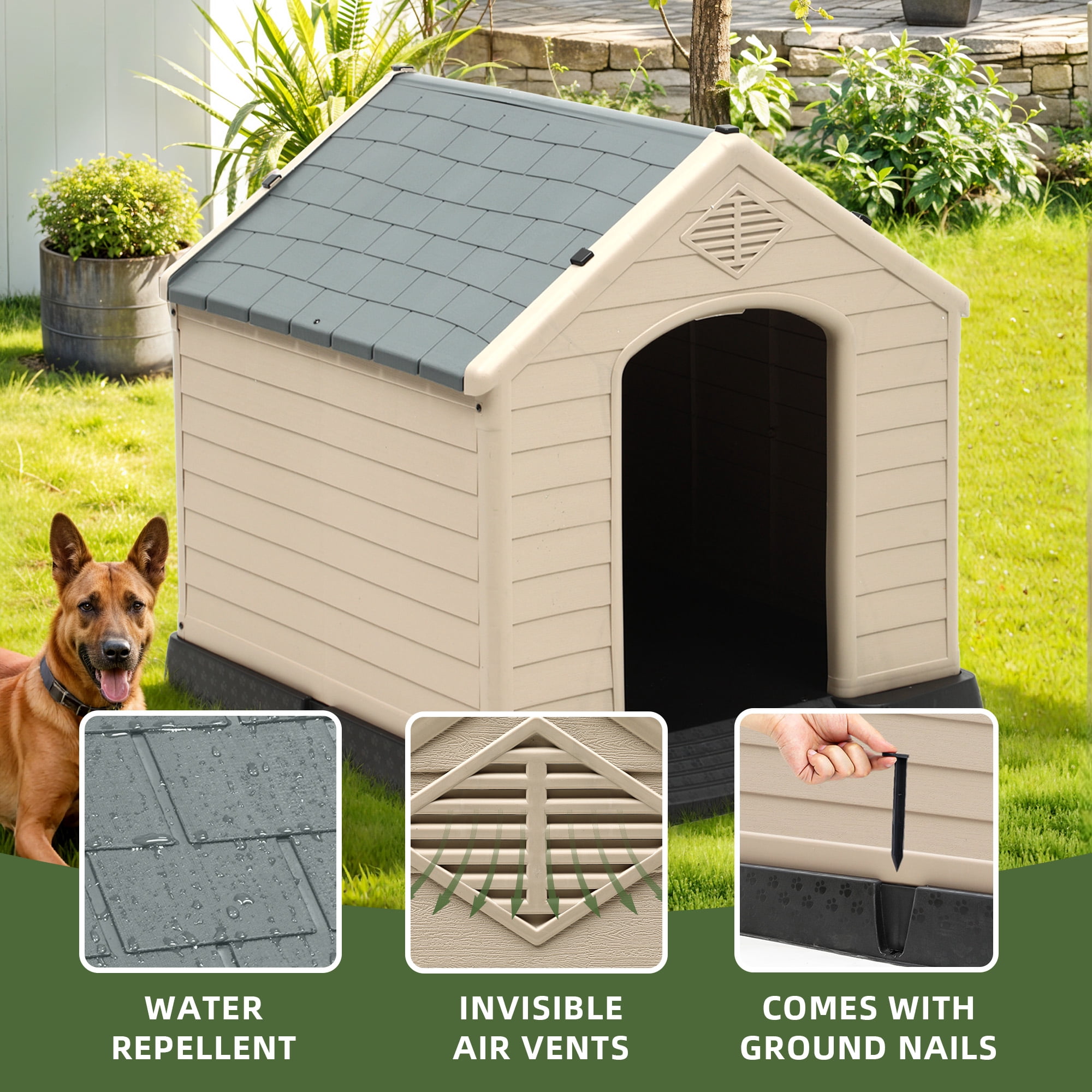 Uforic Large Waterproof Plastic Dog House with Air Vents and Elevated Floor, Outdoor Indoor Doghouse Puppy Shelter,Gray+Brown,41''Lx 38''Wx 39''H