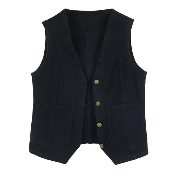 Waistcoat for Women Elegant Jacket Sleeveless Tops Casual V Neck Button Down Denim Vest Y2K Jeans Jacket Loose Country Trendy Black L
