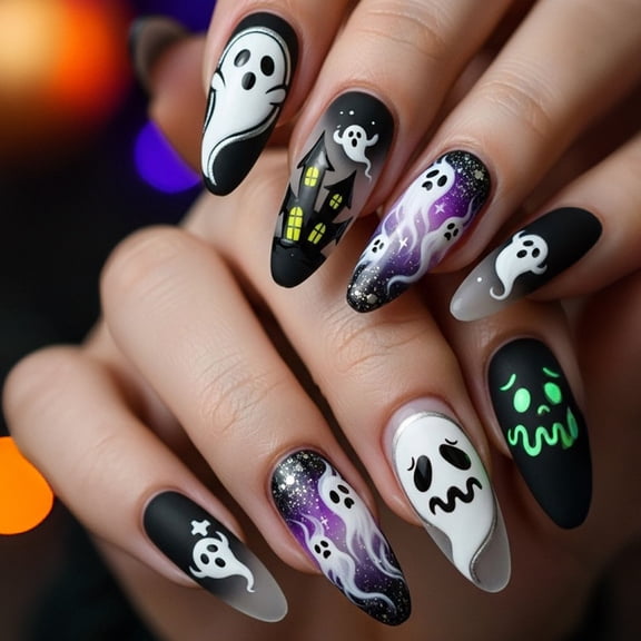 ONLYEOR Ghost Castle Press On Nails, Removable Wearable Nail Tips with Spooky Print, Party & Festival Fashion Accessory