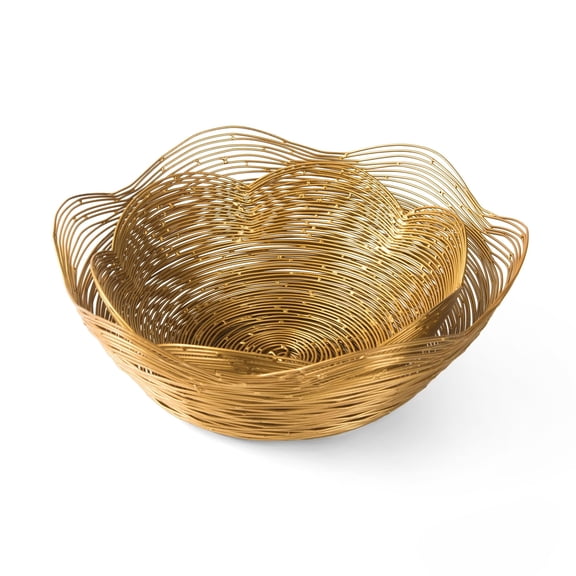 Mela Artisans Metal Bowl, Gold, Set of 2 | Ruffle Decorative Style Bowls for Fruits & More | 9x9x4 and 12x12x4.5, Gurez Valley | Kitchen Counter w/Round Underneath, Handmade