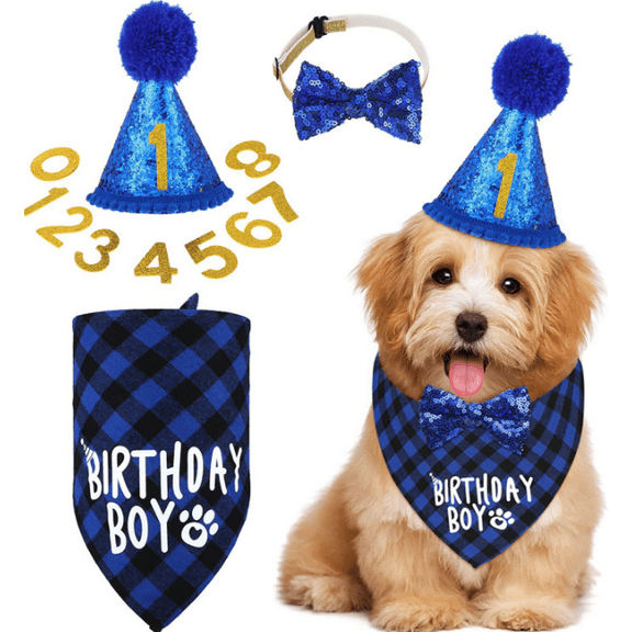 Dog Birthday Party Supplies Decorations, Dog Birthday Bandana, Hat with Birthday Numbers, Bow Tie