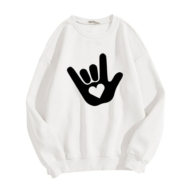 Bmisegm Women Saint-Valentin Simple et à la Mode Je t'Aime Geste Imprimé Col Rond Manches Longues Sweat Sans Capuche Décontracté pour Women Blanc m