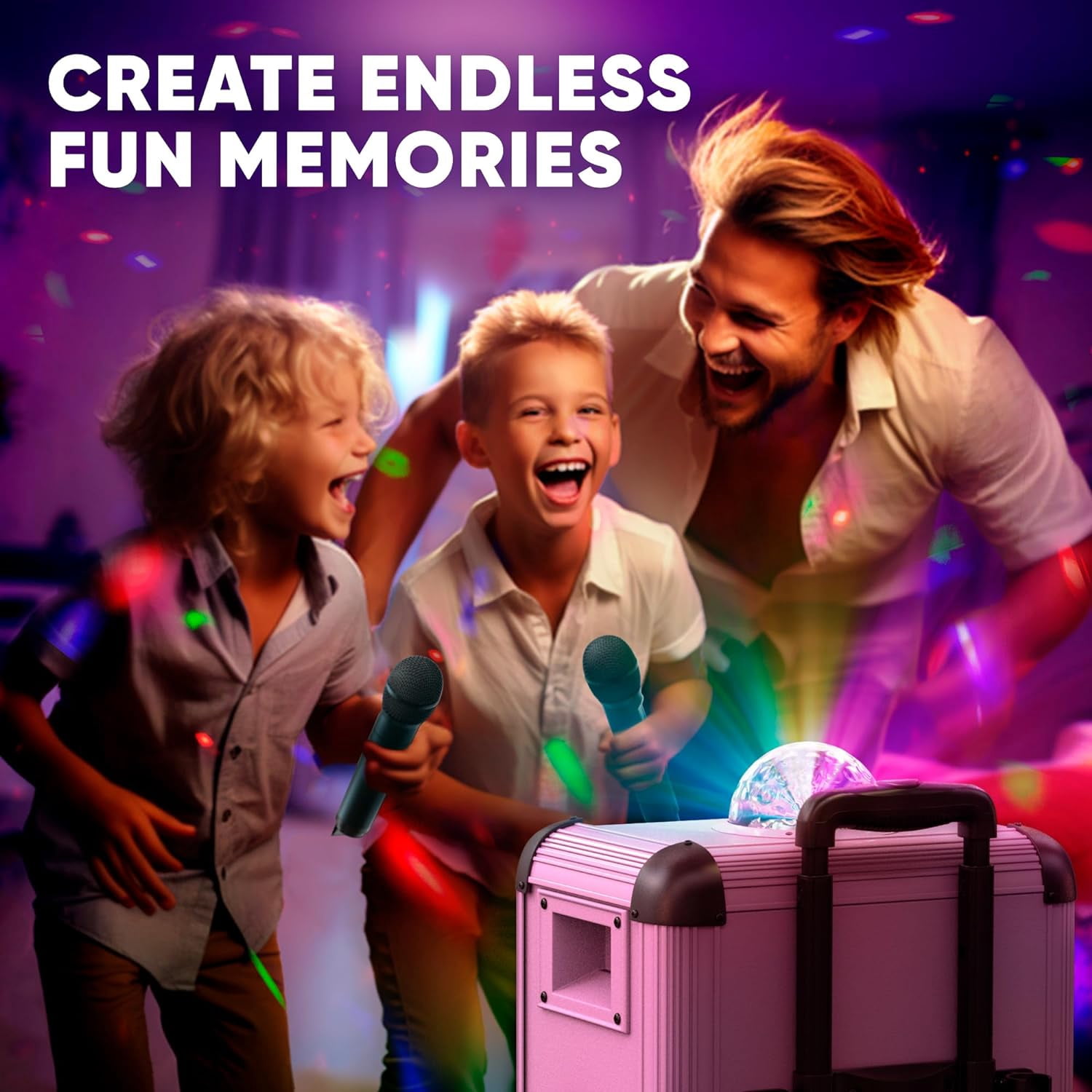 MASINGO Karaoke Machine for Adults & Kids with 2 UHF Wireless Microphones - Portable Singing PA Speaker System w/Two Bluetooth Mics, Party Lights, Lyrics Display Holder & TV Cable - Soprano X1 Pink