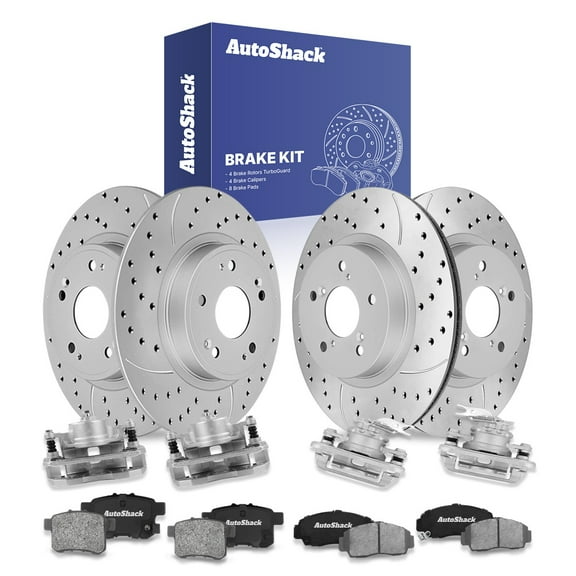 AutoShack Front Vented & Rear Solid Drilled & Slotted Coated Brake Rotors Silver Matte Finish   Ceramic Pads   Calipers 16-PC Brake Kit Replacement for 2008-2009 Honda Accord TurboGuard