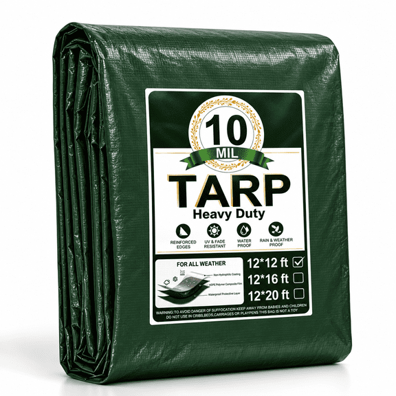 Henotian Heavy Duty Tarp 12x12 ft, 100% Waterproof 10mil with Reinforced Edges Grommets, UV,Tear Resistant Cover for Home,Boats,Cars,Camping,Protective Cover