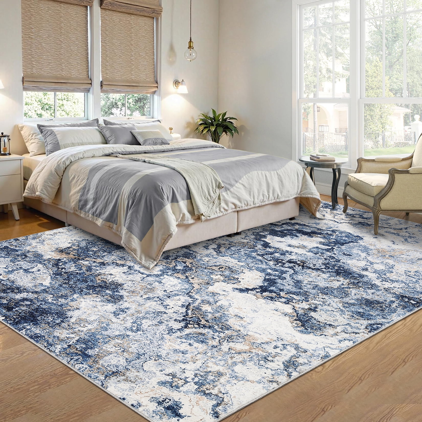 Garvee Modern Abstract Area Rugs for Living Room, 9'x12' Soft Large Washable Rugs Print Pattern Non Slip Floor Carpet, Low Pile Indoor Rug for Bedroom Dining Room, Blue