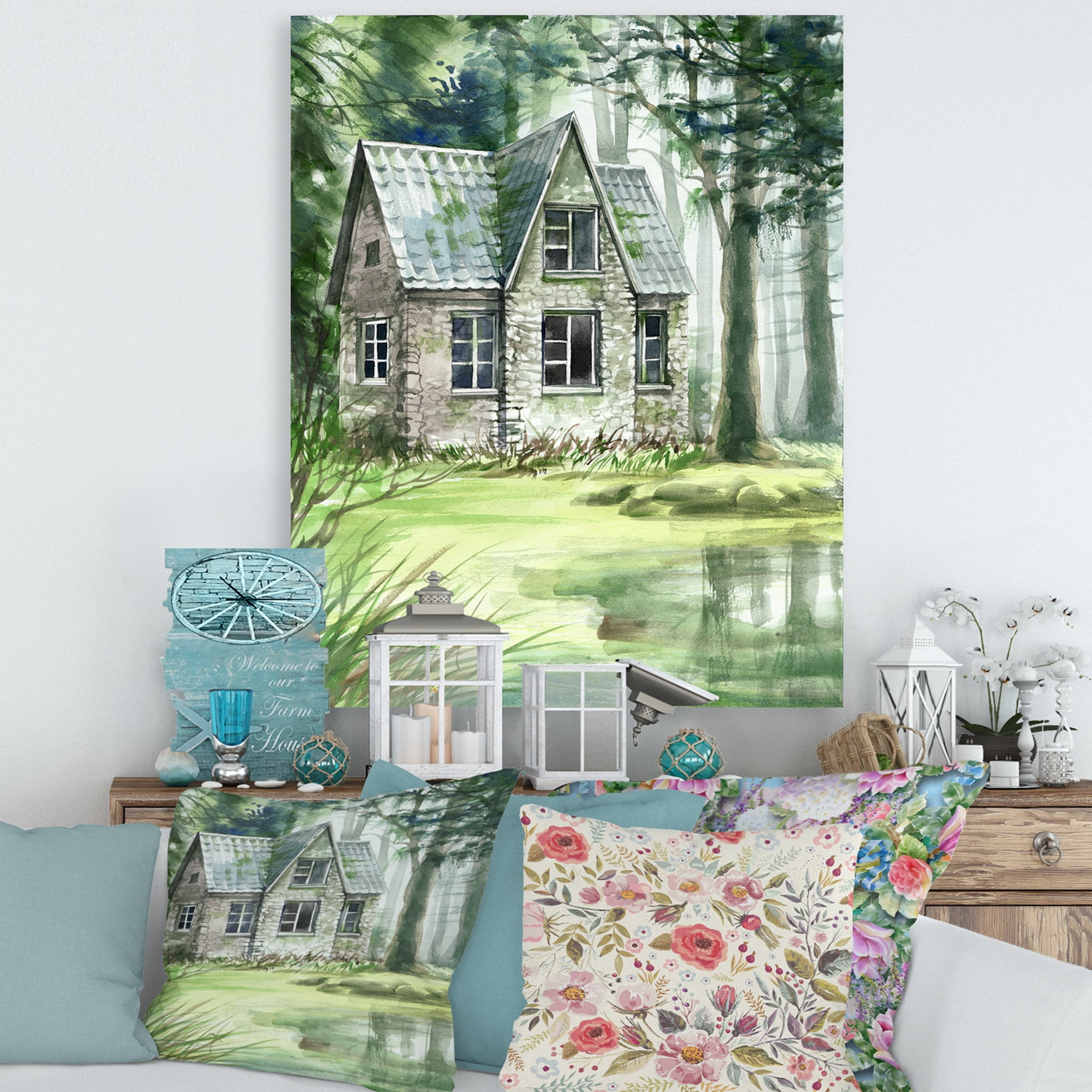 Designart ' Old Haunted House In The Pine Forest ' Lake House Canvas Wall Art Print
