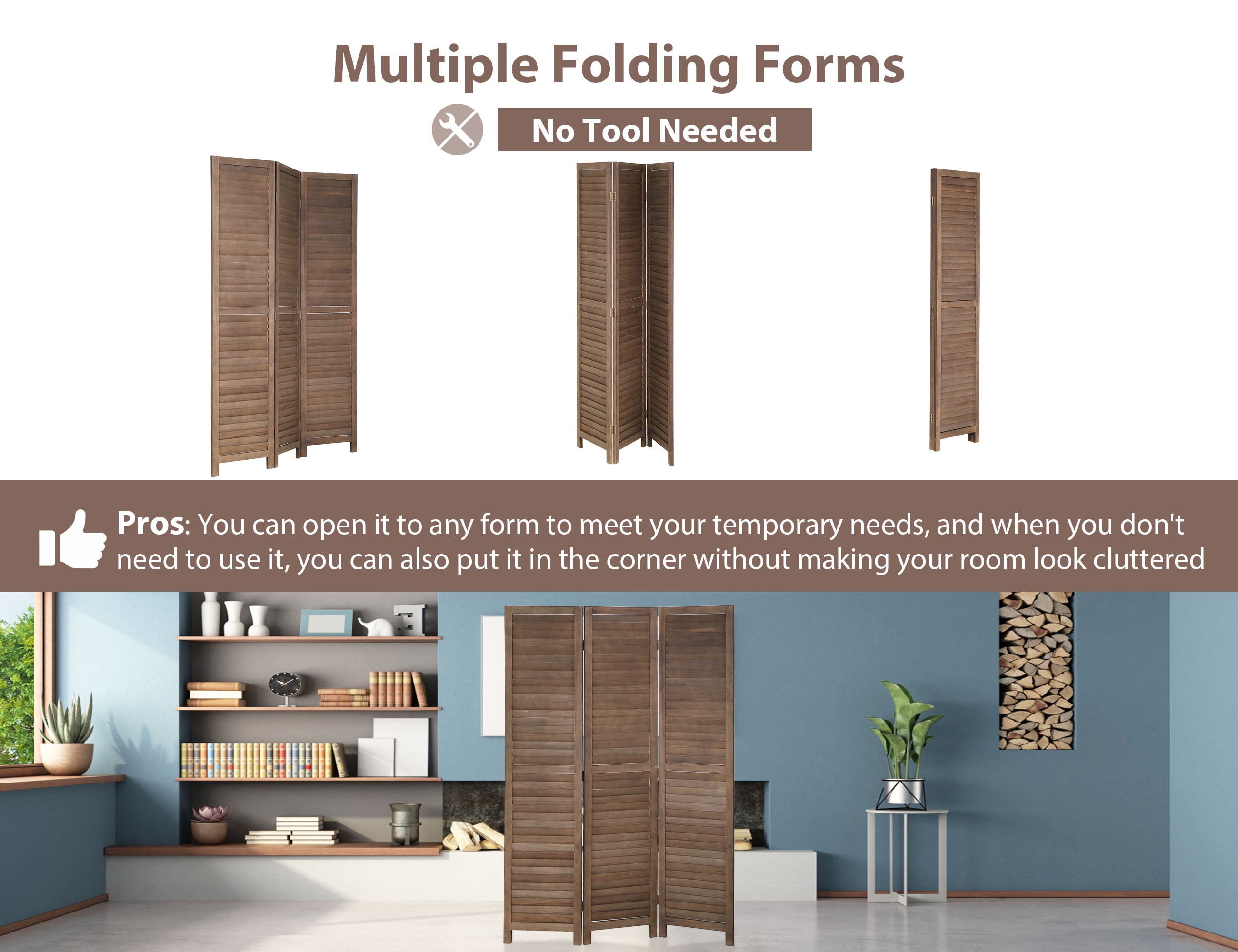 YRLLENSDAN 3 Panel Wood Room Divider 5.6 Ft Tall Privacy Wall Divider Outdoor Room Divider 66.9" x 16.9" Each Panel Folding Wood Screen for Home Office Bedroom Restaurant (Brown)