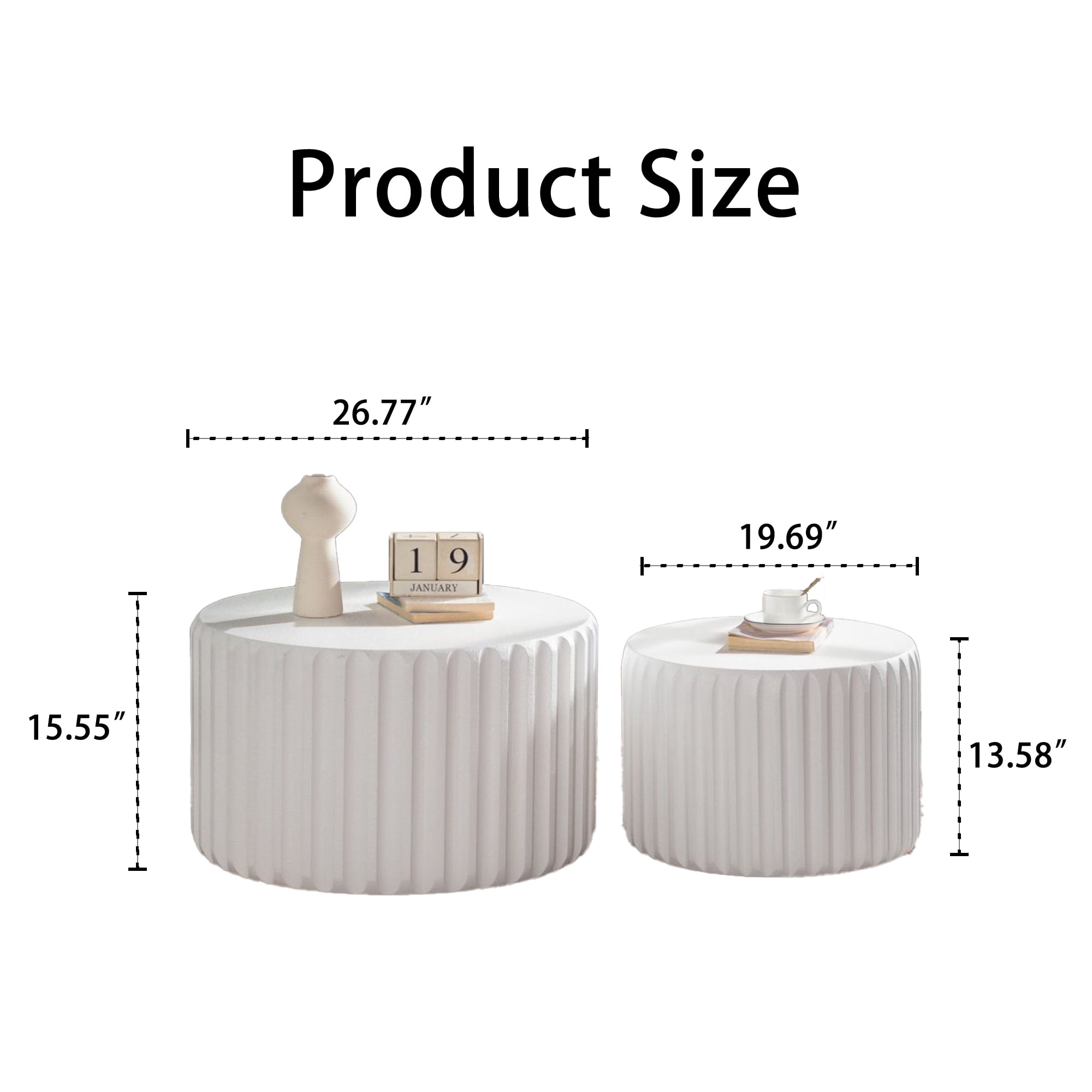Leumius White Scalloped Round Coffee Table Set Nesting Design, Elegant Curved-Edge Shape for Small Space Living Room Bedroom