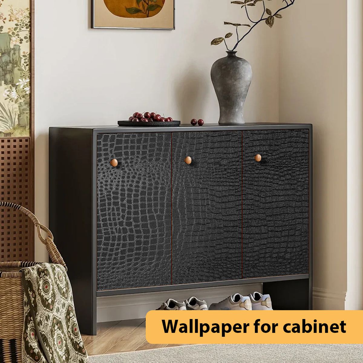 Arthome 17"×393" Black Crocodile Peel and Stick Wallpaper,Charcoal Black Alligator Textured Contact Wallpaper Self-Adhesive Waterproof Embossed Easy Peel Off Wallpaper for Cabinet Bedroom Bathroom