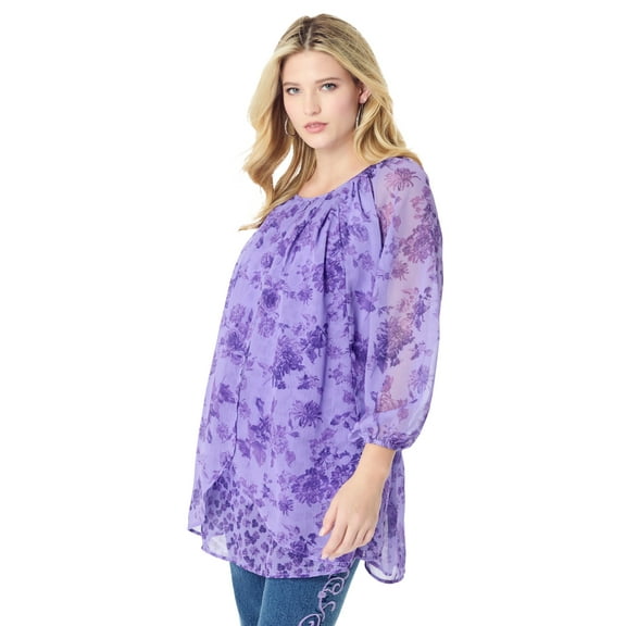 Roaman's Women's Plus Size Blouson Sleeve Overlay Blouse