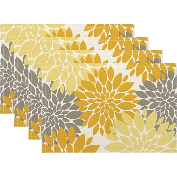 Yellow Gray Dahlia Placemats 12x18 Inch Set of 4, Modern Abstract Floral Decorative Table Mats Kitcken Table Decor for Party Kitchen Dining Outdoor