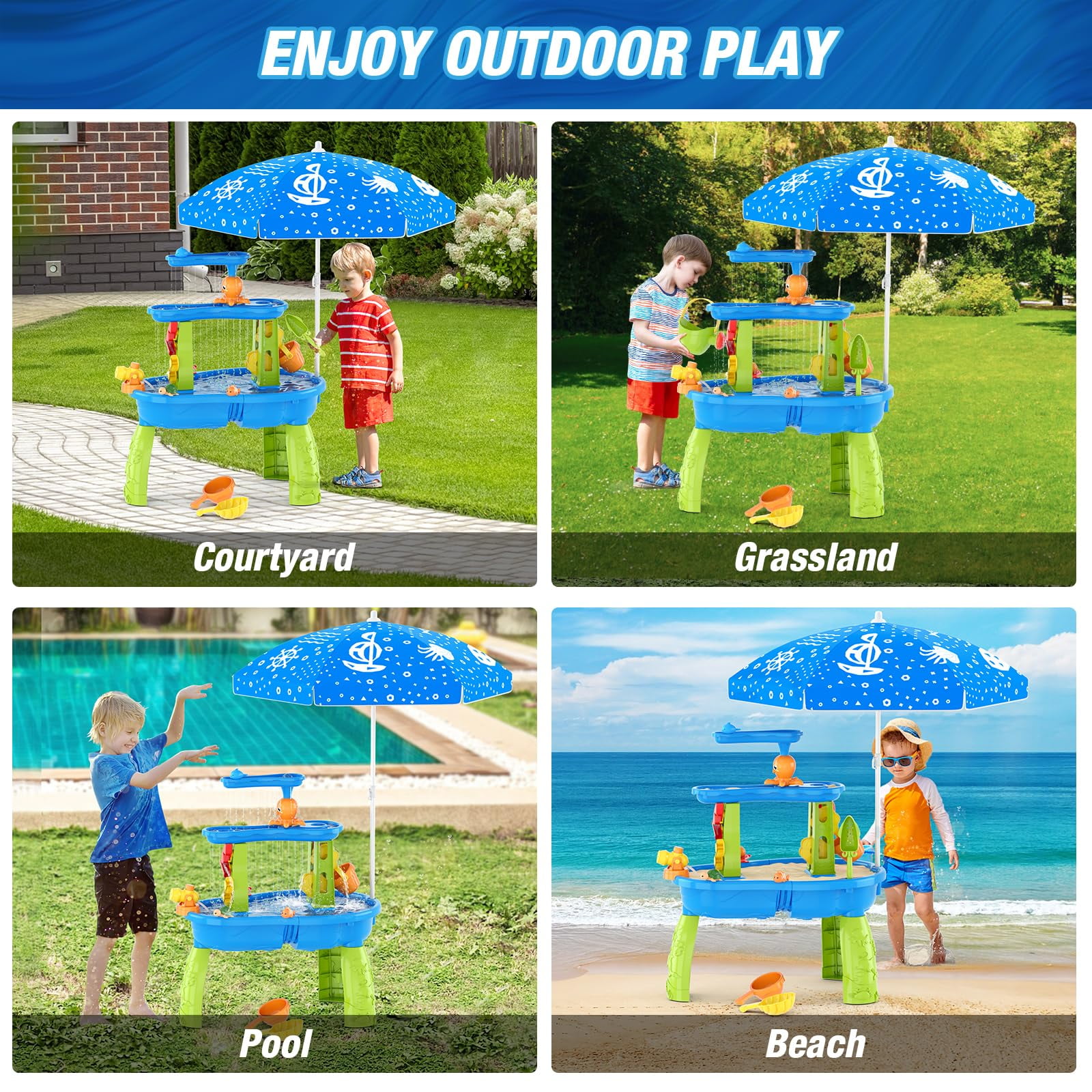 JoyStone 3-Tier Kids Sand Water Table with Umbrella, Outdoor Sensory Play Table Toy, 28.66" Tall, Summer Gift for Toddlers & Kids (Pump Not Included)