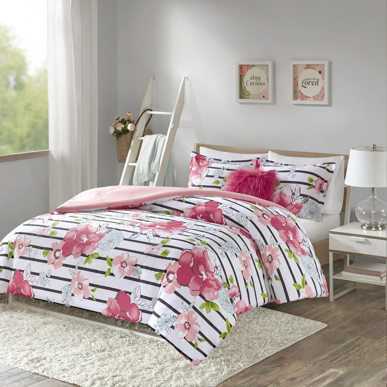 Comfort Spaces Spring 4-Piece Full/Queen Comforter Set Microfiber Pink  Striped Floral Reversible Bedding Ste
