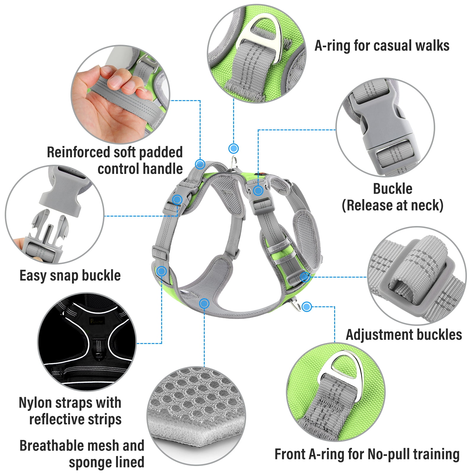 Plutus Pet No Pull Dog Harness, Release At Neck, Reflective Adjustable Dog Vest Harness, Easy Control Handle for Walking, for Small Medium Large Dogs, Green, M
