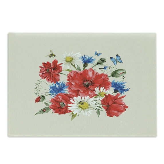 Flowers Cutting Board, Vintage Watercolor Bouquet of Wildflowers Poppies Daisies Cornflowers Butterflies, Decorative Tempered Glass Cutting and Serving Board, Large Size, Multicolor, by Ambesonne