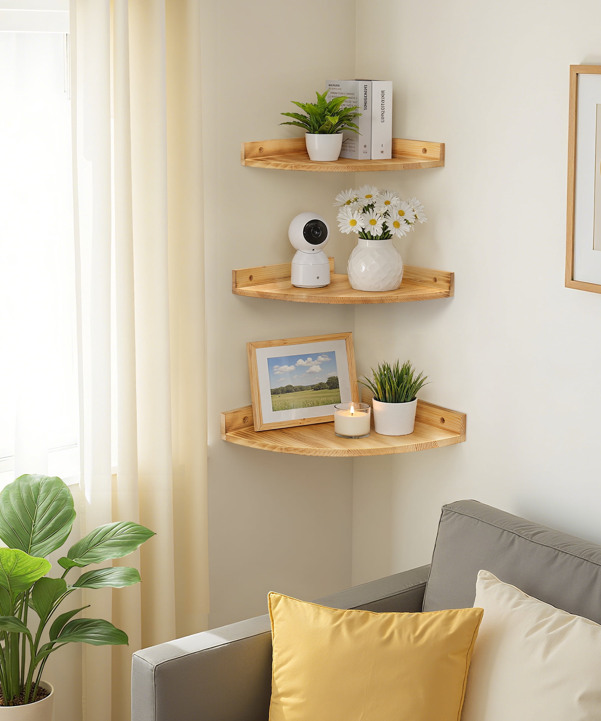 Afuly Floating Corner Shelf for Wall, Large Corner Shelves Solid Pine Wood Wall Mounted Corner Shelf With Cord Hole, 3 Set (10.8In/11.4In/12In)