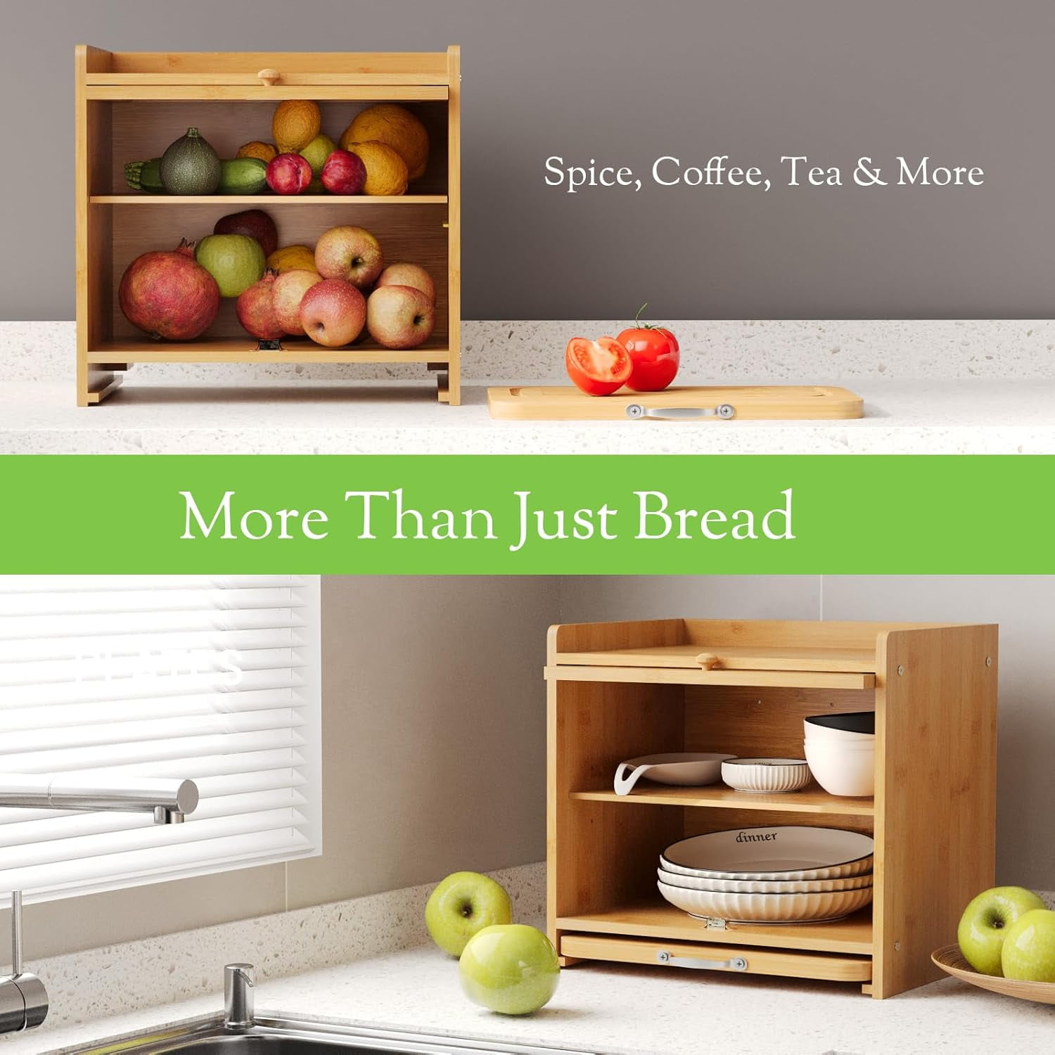 Bread Box with Cutting Board, Double Layer Kitchen Counter Organizer for Fruits Spices Coffee, Natural Vintage Storage Bin