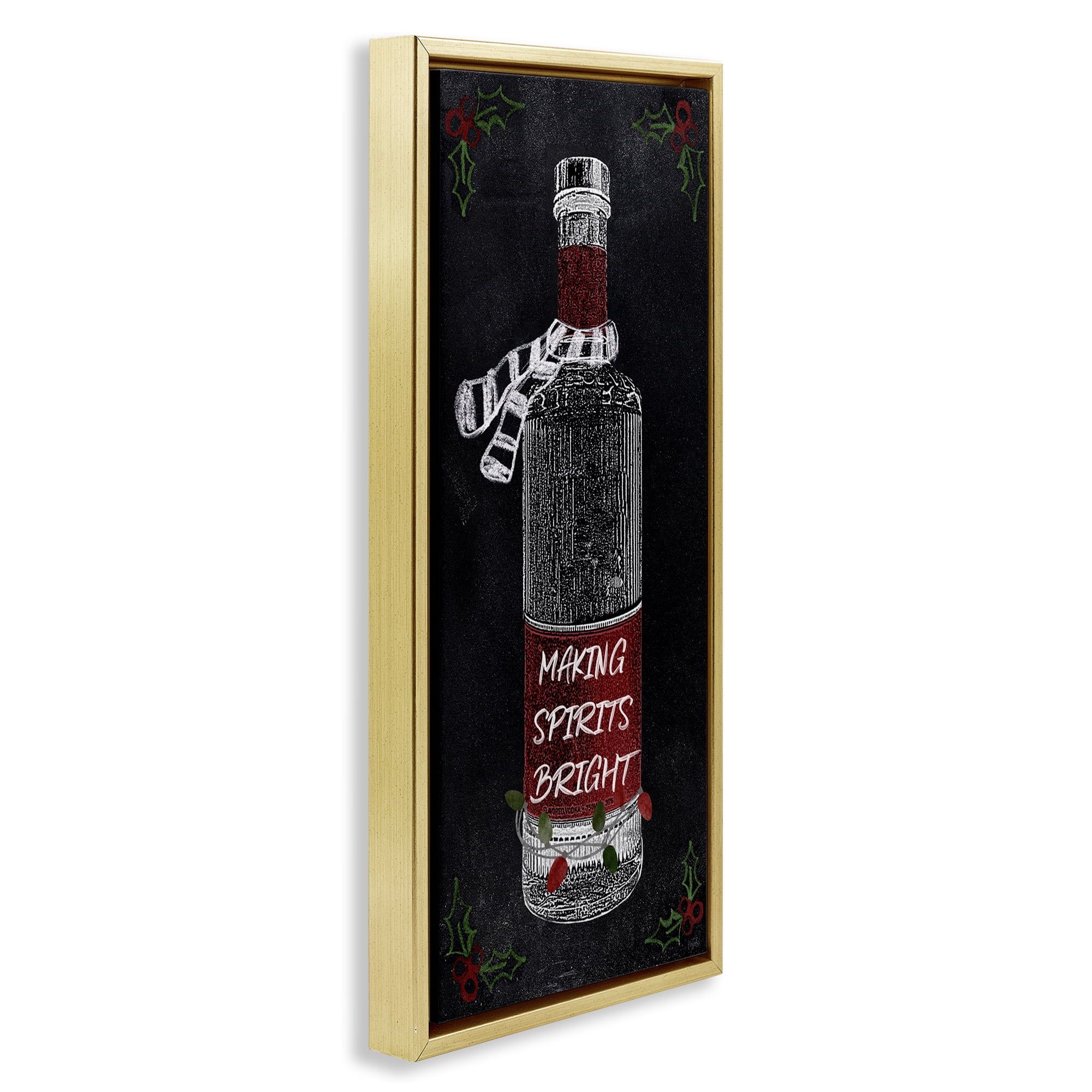 Stupell Industries Making Spirits Bright Bottle Holiday Painting Gold Floater Framed Canvas Art Prints Wall Art, 15 x 31